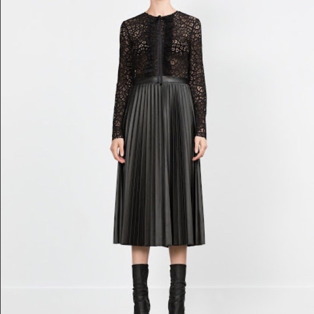 NEW Zara Black Lace Faux MIDI Leather Dress w Pleated Skirt 4222 243 800 XS